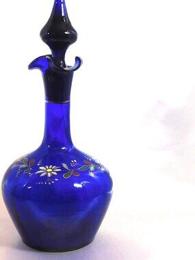 Blue Glass Bottle with  Flowers # 25169